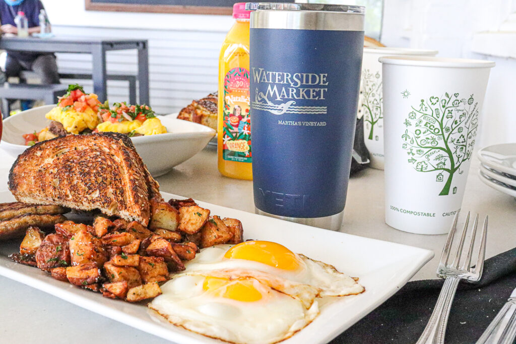 The Waterside breakfast, including fried eggs, toast, and potatoes, from Waterside Market on Martha's Vineyard
